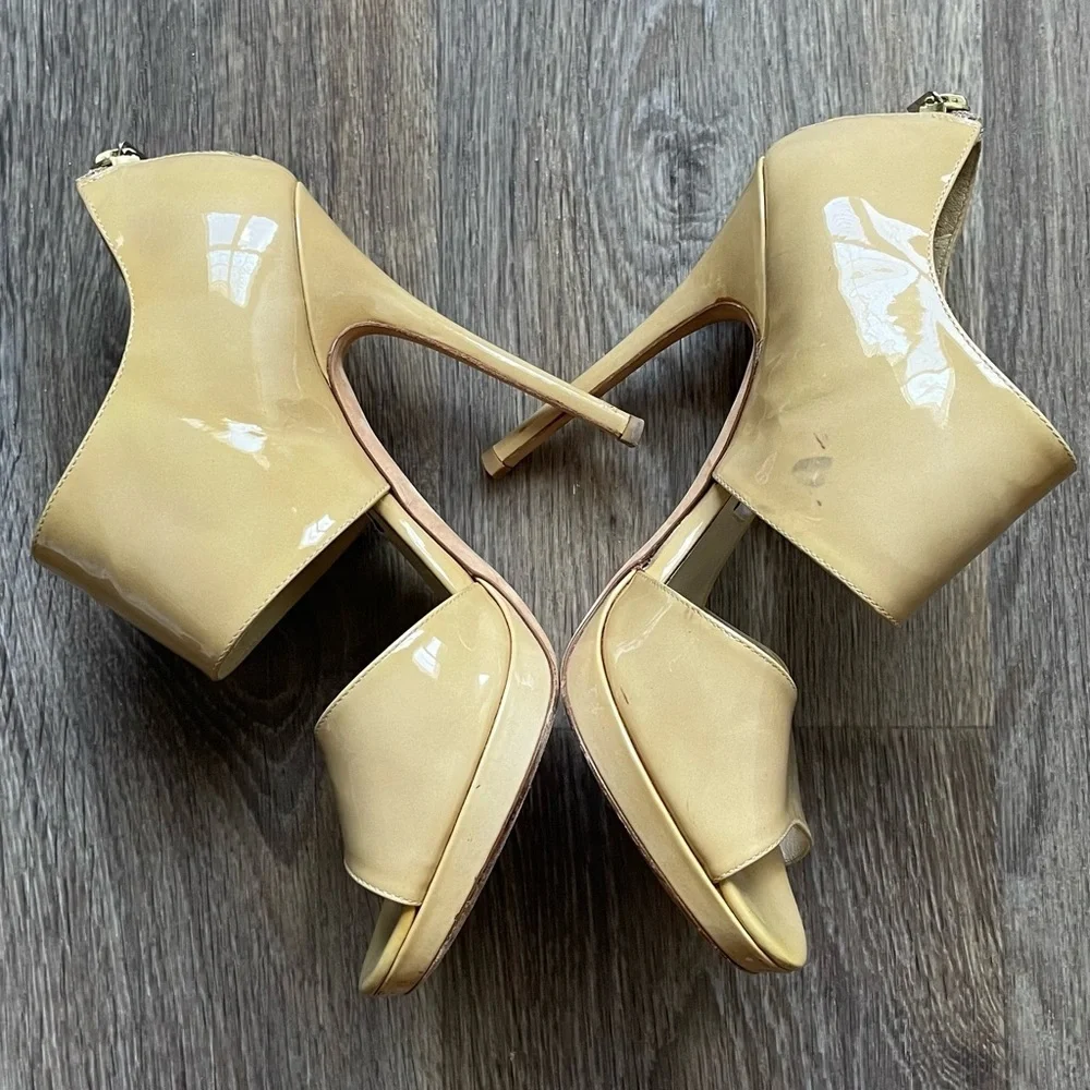 Jimmy Choo Nude Patent Platform Peep Toe Heels Ankle Cuff Stiletto Pumps 37.5